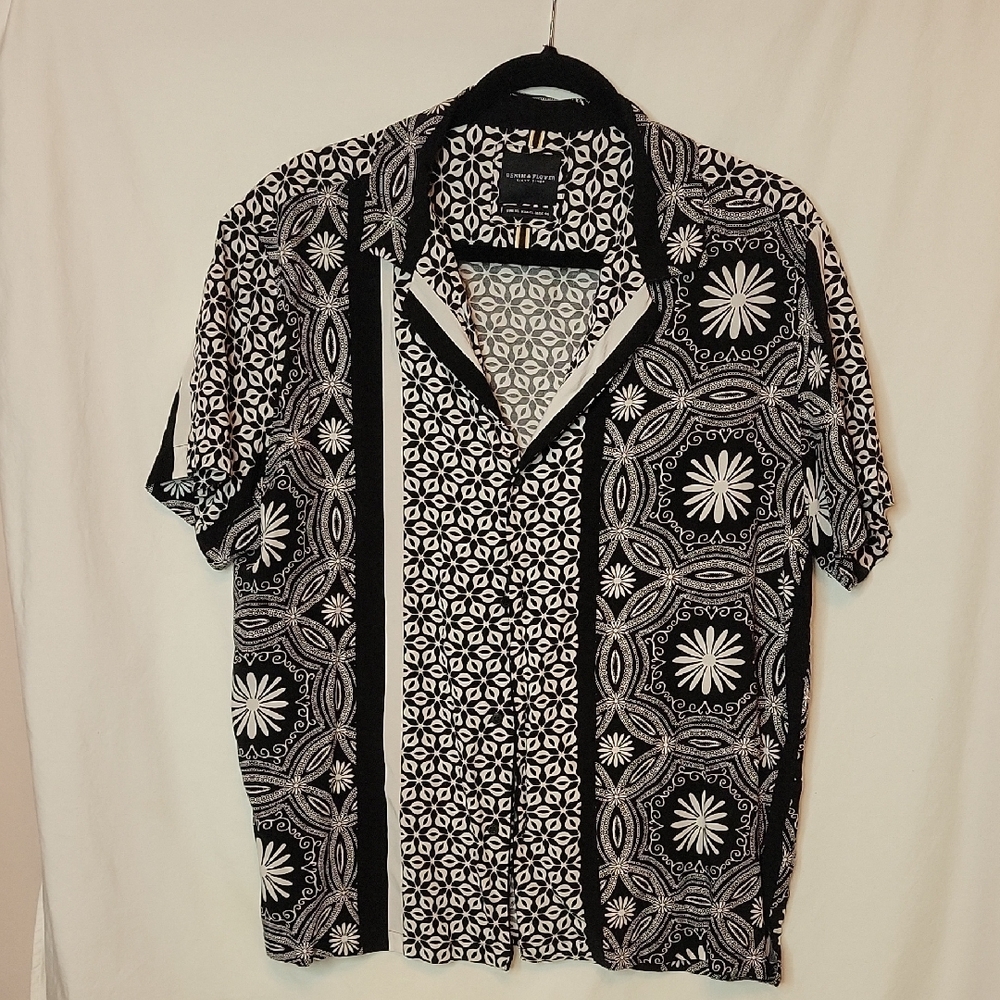 Denim & Flower Black and White Casual Button Down Shirt with Geometric Design